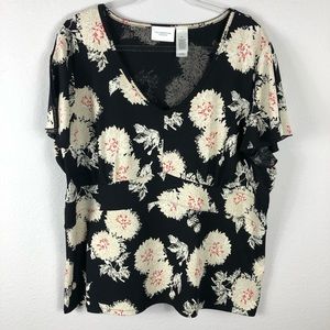 2X Liz Claiborne Black V-neck Cream Floral Top